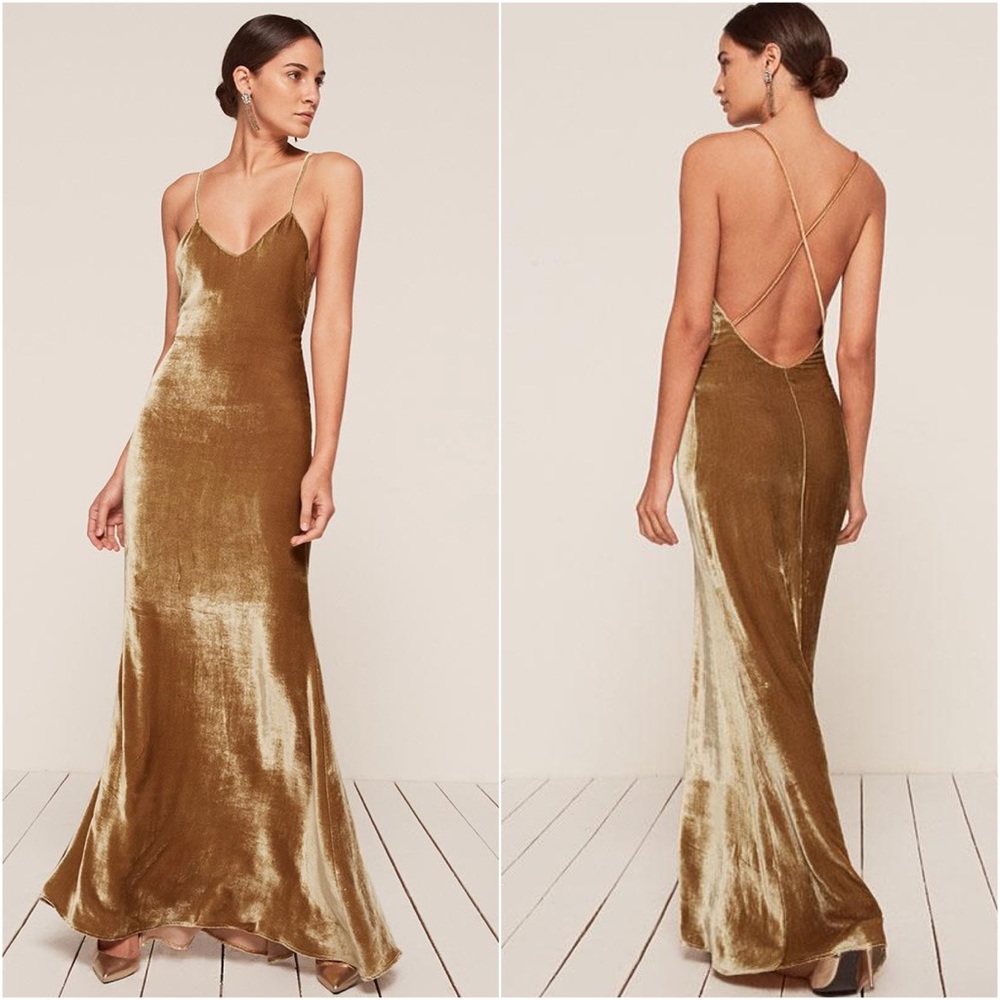 Reformation Rimini Silk Blend Velvet Gold Gown